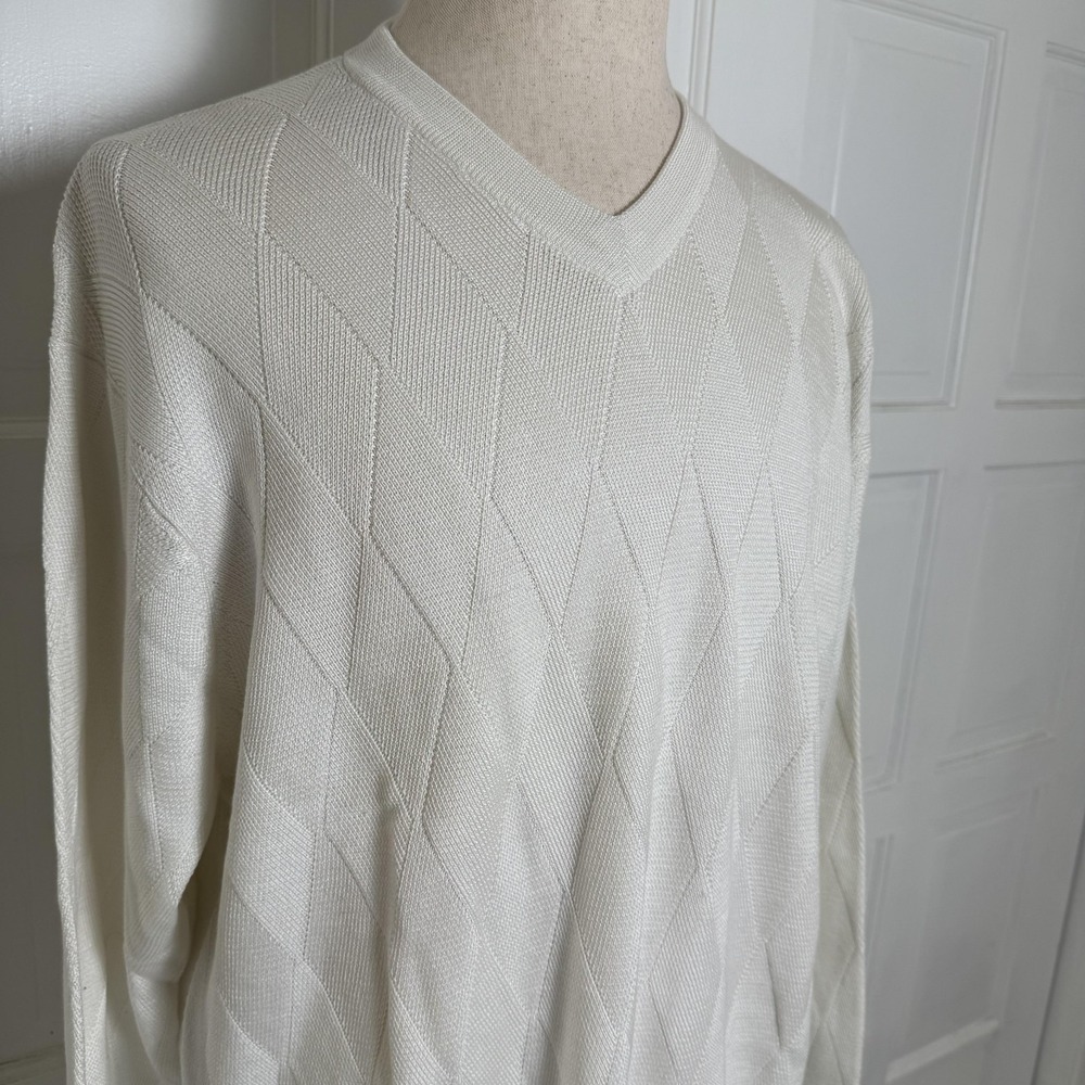 Talbots Sweater Mens 2XL Ivory V Neck Diamond Argyle Knit Mercerized Pima Cotton - Picture 3 of 8